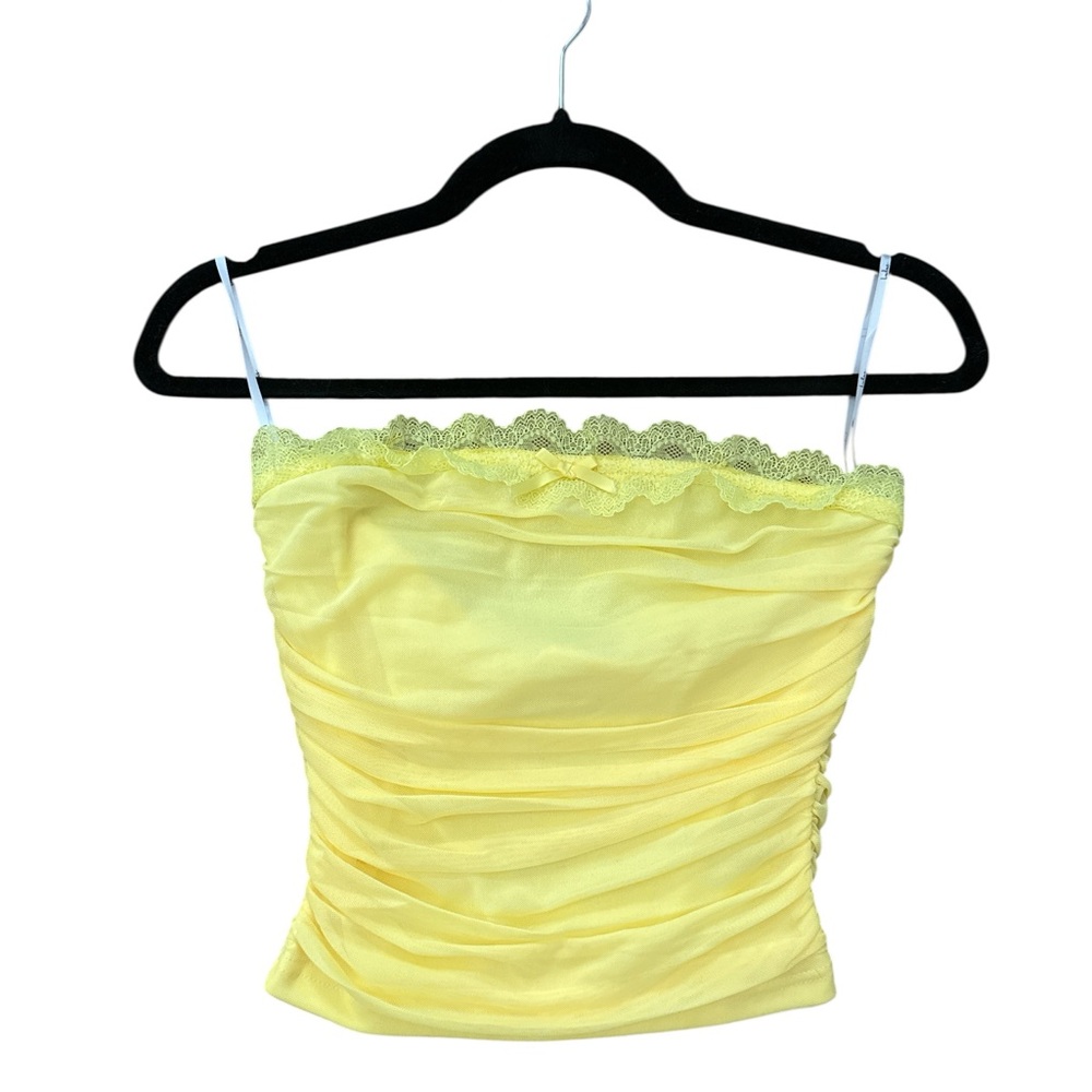 Bright Yellow Mesh Lace Ruched Strapless Top - Picture 2 of 2